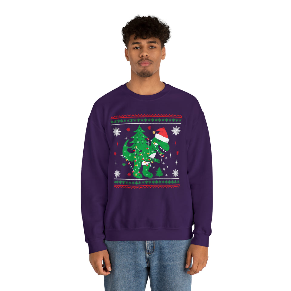 T-Rex Dinosaur Carrying Christmas Tree On Back - Unisex Christmas Sweatshirt (Range of Colors & Sizes)