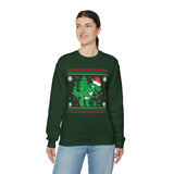 T-Rex Dinosaur Carrying Christmas Tree On Back - Unisex Christmas Sweatshirt (Range of Colors & Sizes)