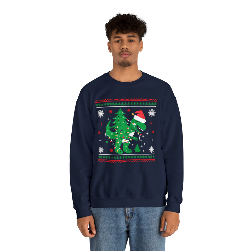 T-Rex Dinosaur Carrying Christmas Tree On Back - Unisex Christmas Sweatshirt (Range of Colors & Sizes)