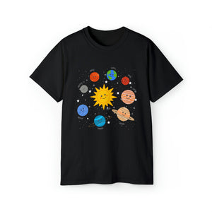 Happy Smiley Solar System of Sun & Planets - Unisex T-Shirt (Range of Colors & Sizes)