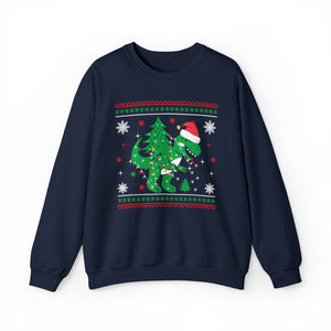 T-Rex Dinosaur Carrying Christmas Tree On Back - Unisex Christmas Sweatshirt (Range of Colors & Sizes)