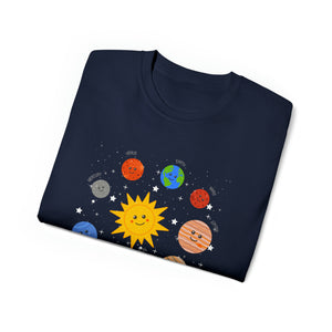 Happy Smiley Solar System of Sun & Planets - Unisex T-Shirt (Range of Colors & Sizes)