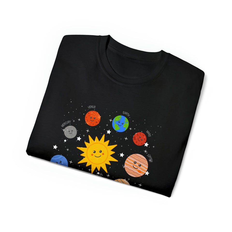 Happy Smiley Solar System of Sun & Planets - Unisex T-Shirt (Range of Colors & Sizes)