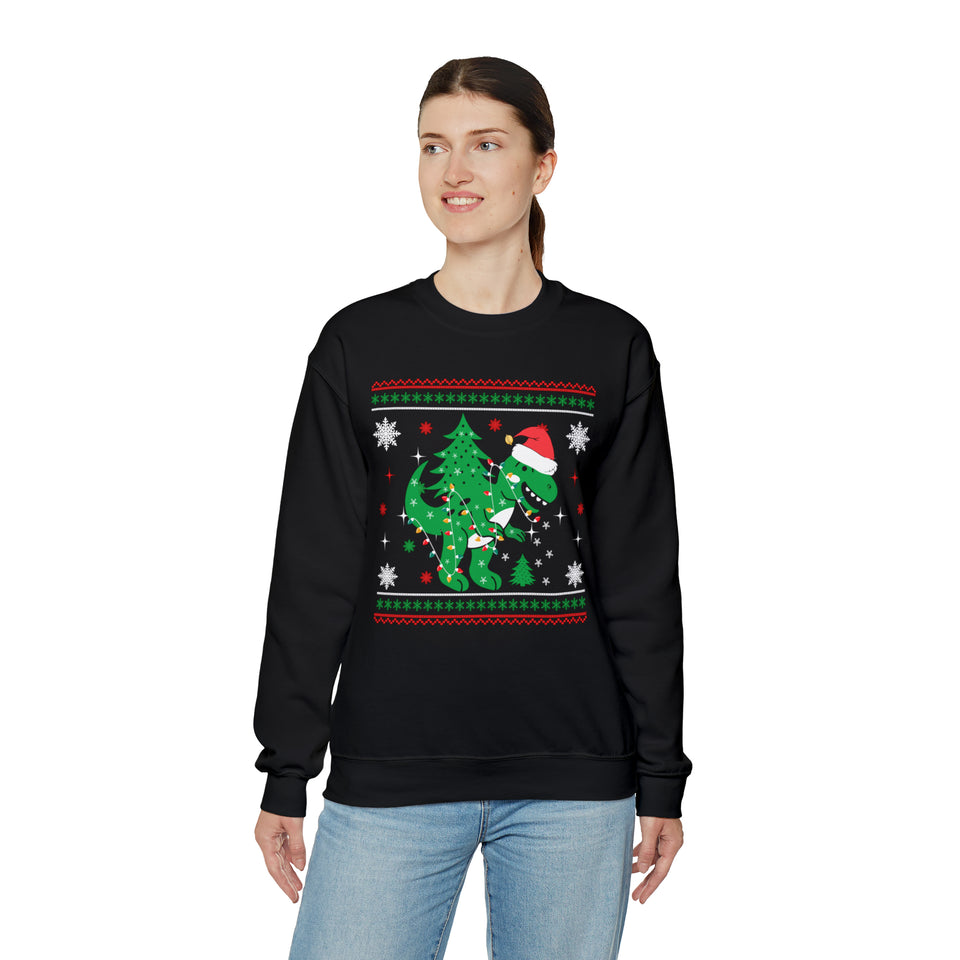 T-Rex Dinosaur Carrying Christmas Tree On Back - Unisex Christmas Sweatshirt (Range of Colors & Sizes)