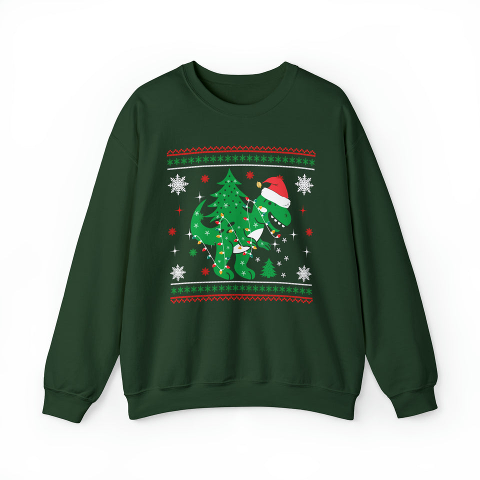 T-Rex Dinosaur Carrying Christmas Tree On Back - Unisex Christmas Sweatshirt (Range of Colors & Sizes)