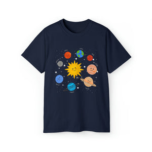 Happy Smiley Solar System of Sun & Planets - Unisex T-Shirt (Range of Colors & Sizes)