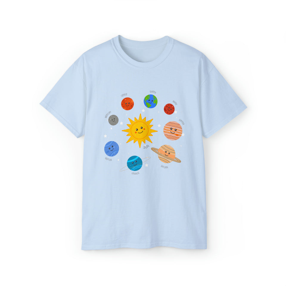 Happy Smiley Solar System of Sun & Planets - Unisex T-Shirt (Range of Colors & Sizes)